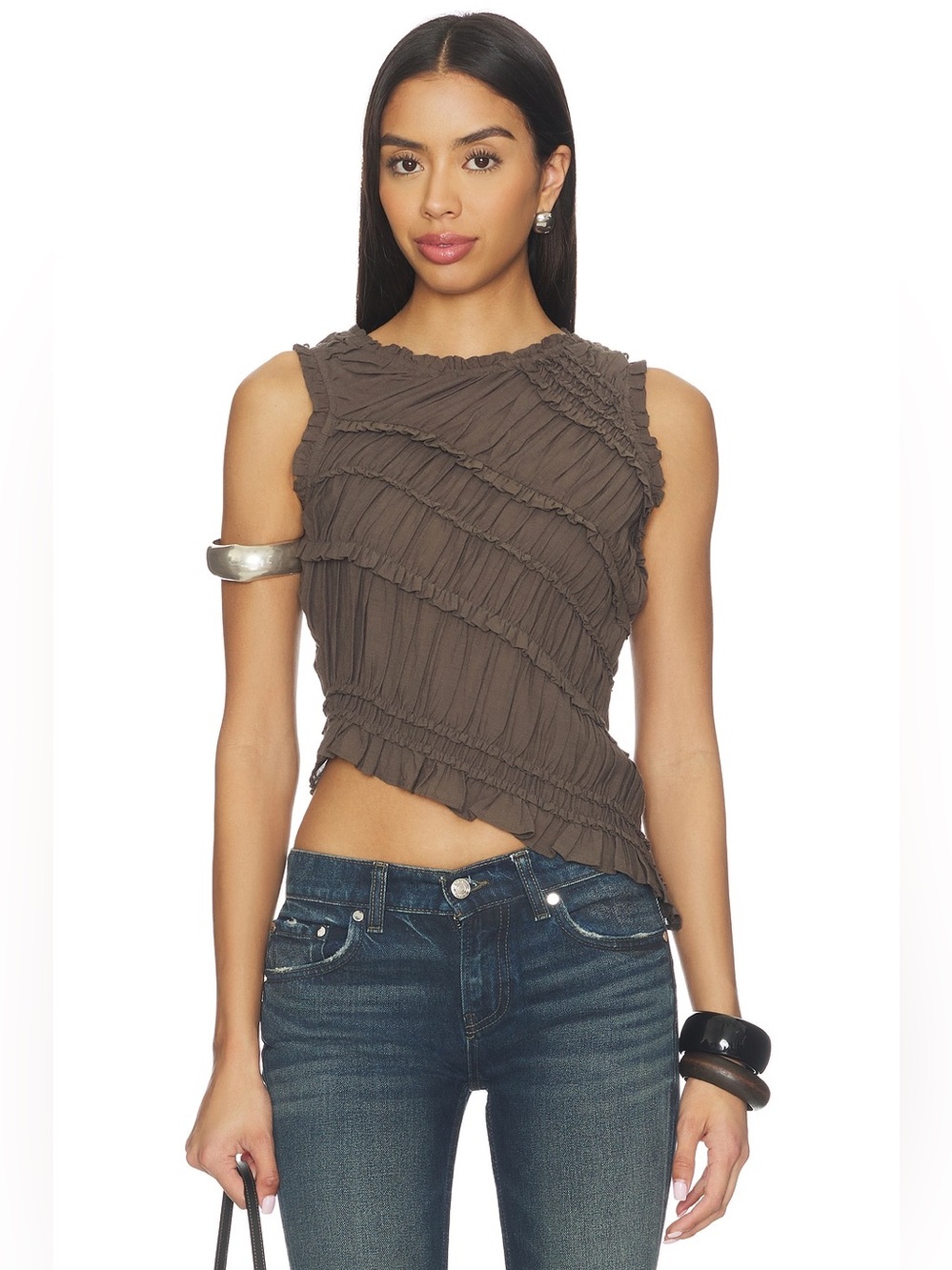 Free People Pink Sands Smocked Top Chocolate Brown Size L NWOT